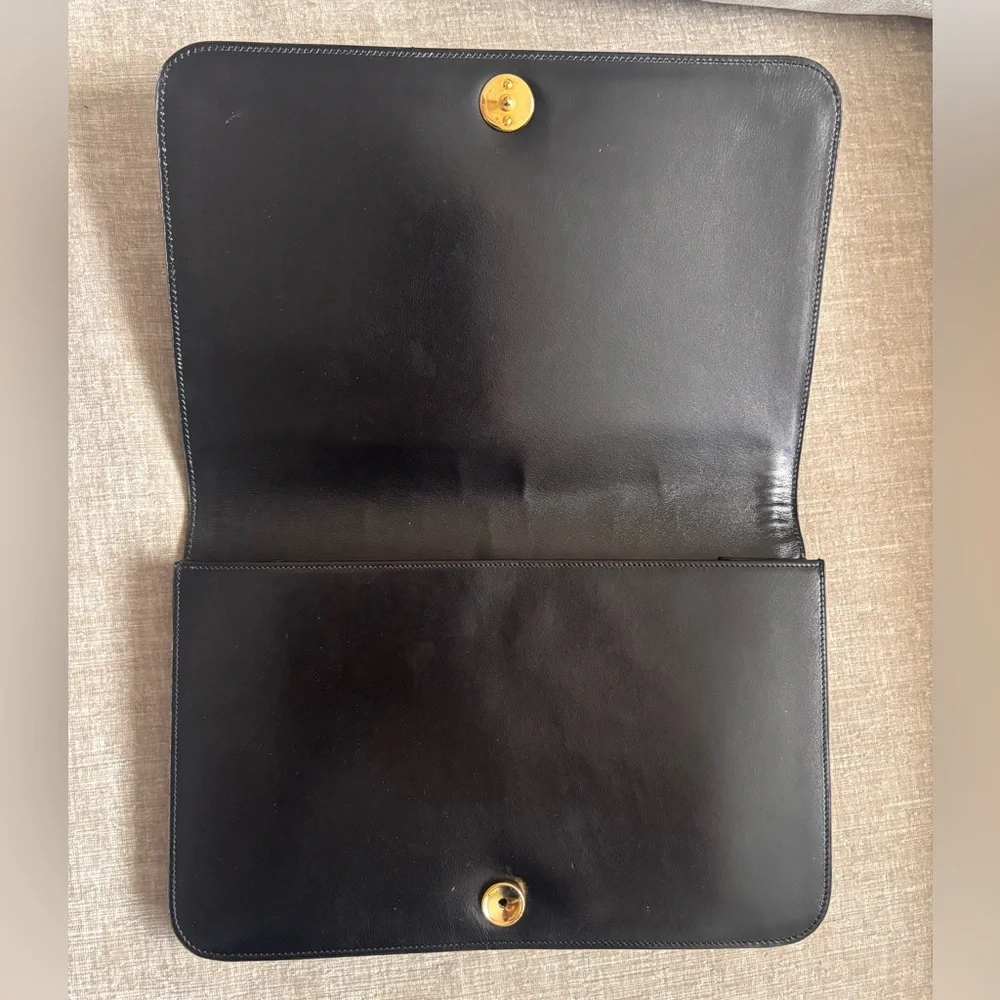 Authentic CHANEL coco mark cotton jersey push lock black leather vintage clutch